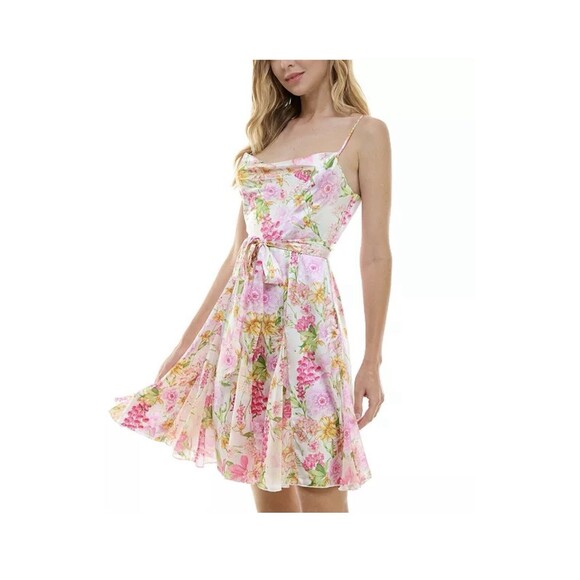 City Studio Juniors' Women's Ivory Floral Cowl Neck Self-Tie Dress Size 11/12 - Picture 3 of 14